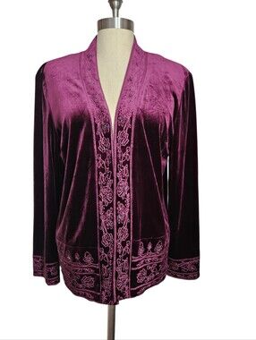 COLDWATER CREEK Deep Plum Velvet Embroidered Beaded Open Jacket | SZ 14